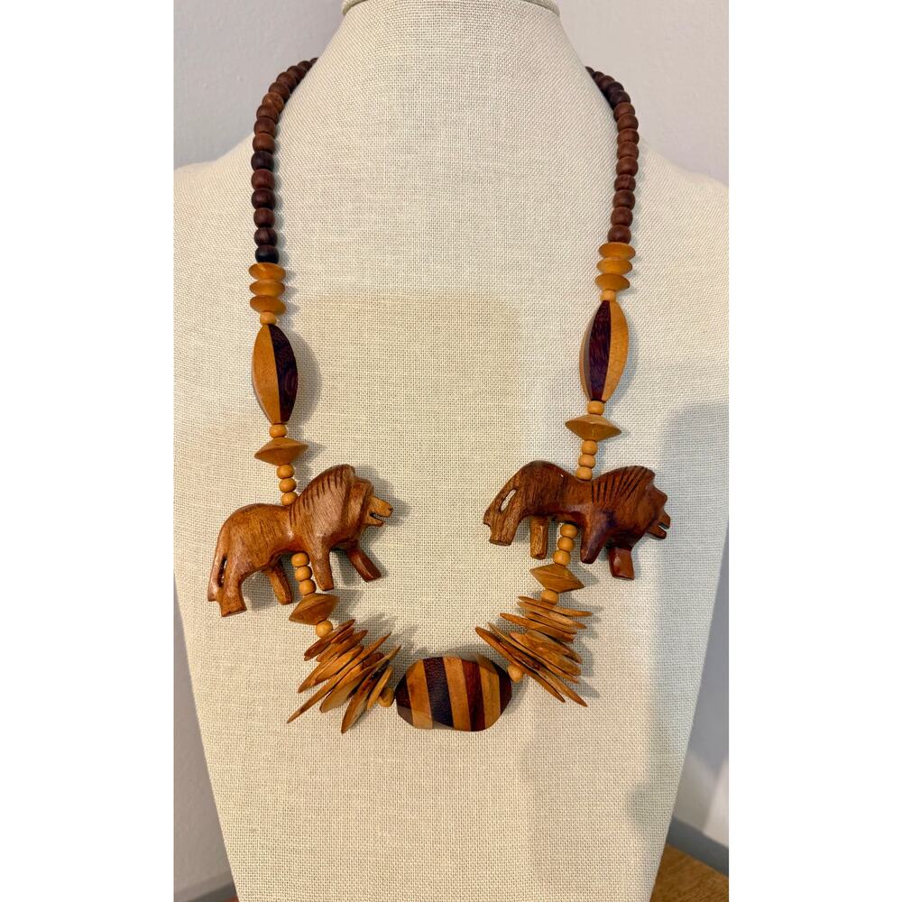 Vintage Carved Wood Lion Necklace Tribal Safari Statement 28”